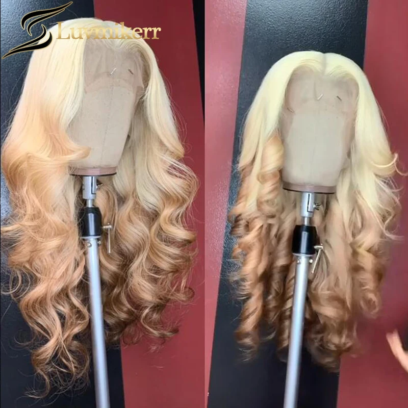 

Ombre Colored HD 13x6 Lace Frontal Wig Glueless 613 Blonde Body Wave 130 Pre Plucked Human Hair Wig For Women Bleached Knot Wavy