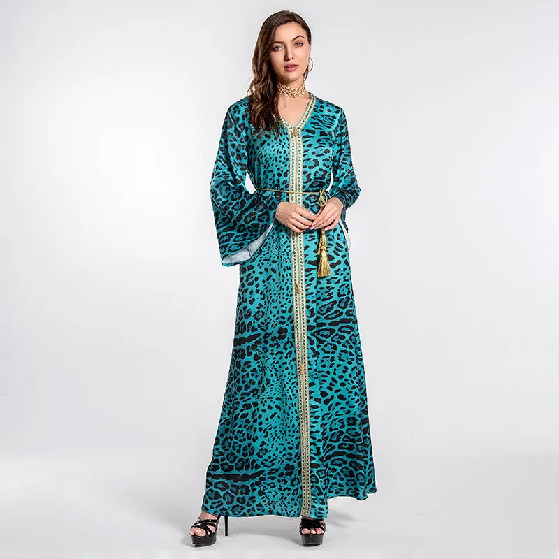 

Leopard Print Long Dress Vintage Retro Muslim Women Maxi Robe Islamic Arabic Abaya Ramadan Dubai Turkey Middle East Caftan Dress