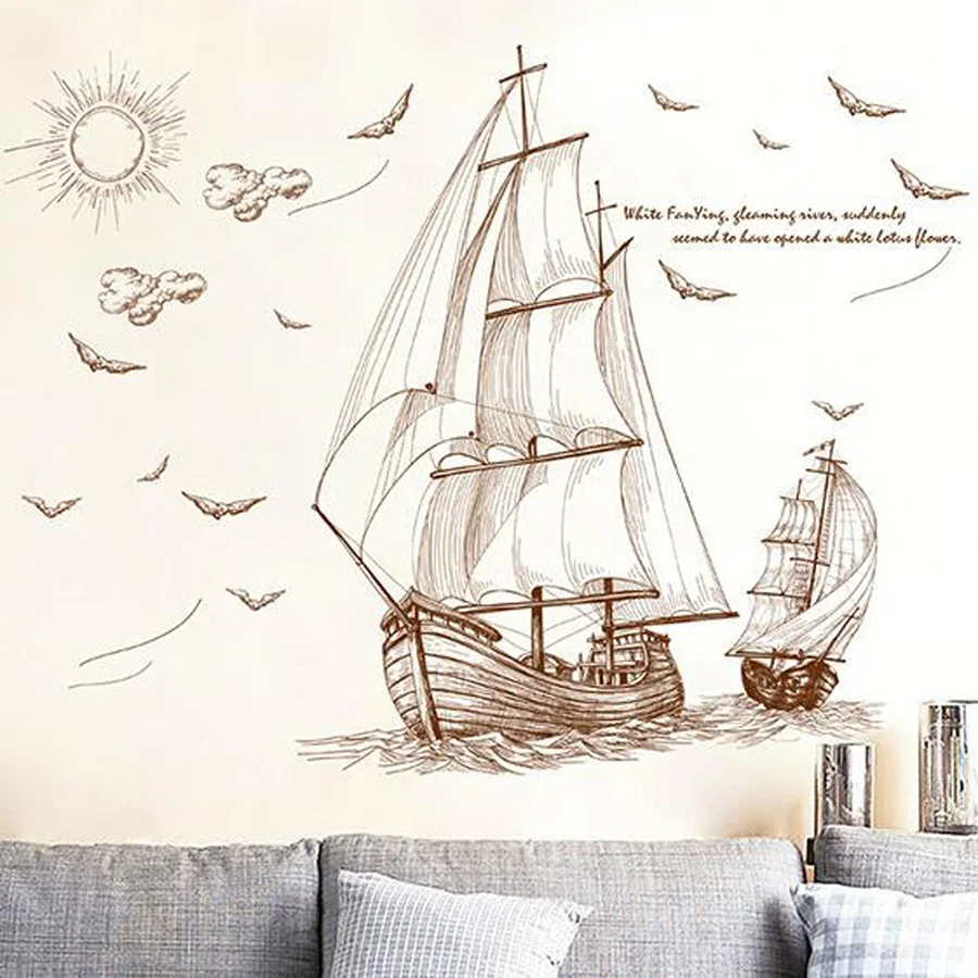 

Cartoon Panda Sailboat Wall Stickers for Living Room Bedroom Art Decal Coconut Tree Mural DIY Island Poster Kids Room Decoration