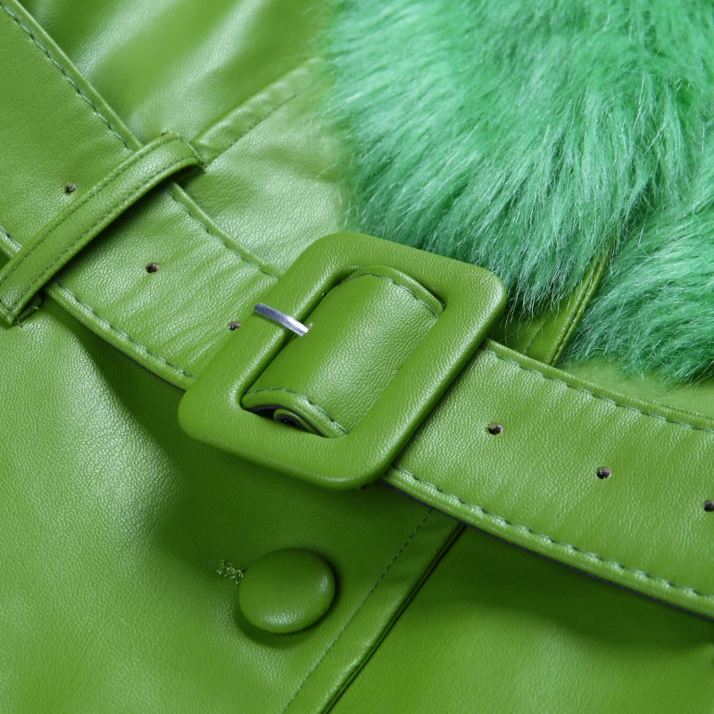 WannaThis Faux Leather Fur Coat Women With Belt Warm Thick Outwear PU Leather Streetwear Female Elegant Outwear Long Coat Green