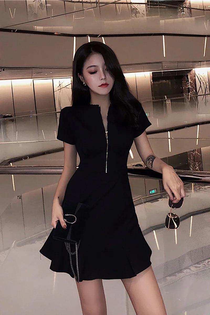 

Black Dress Lady Design Mini Bodycon Dress Short Sleeve Zipper Mermaid Dress for Women Vestido Feminino