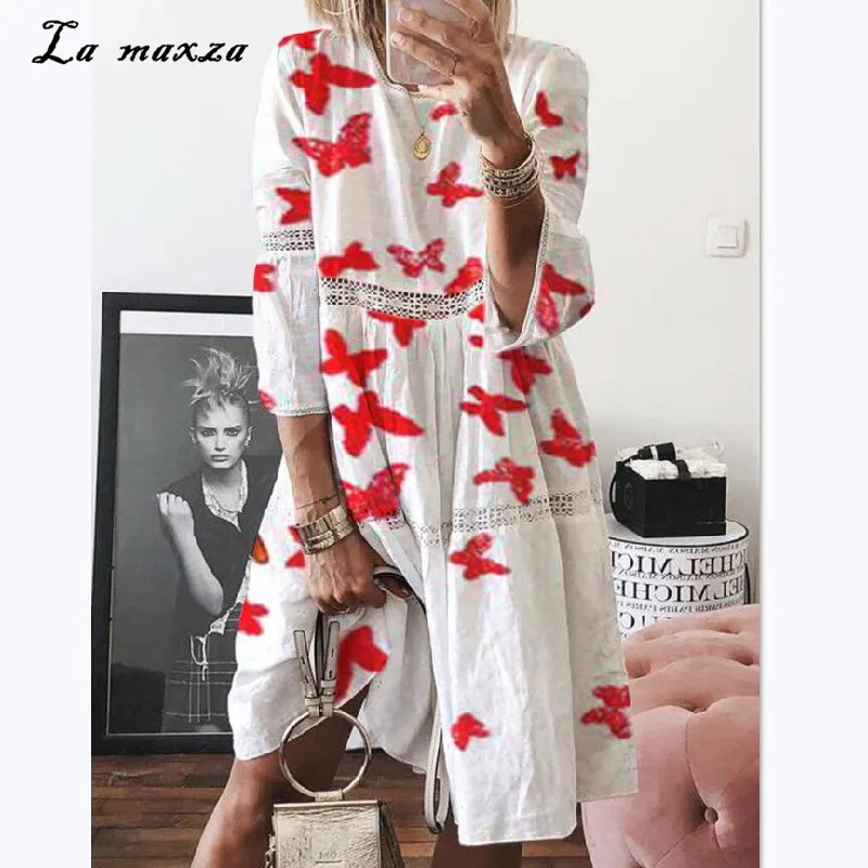 

Plus Size Casual Women Print Dress Lace Patchwork O-neck Loose Women Midi Dress 2020 Fashion