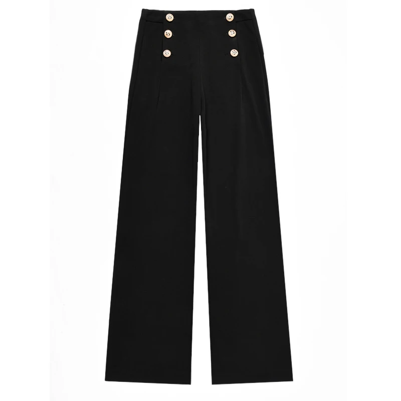 Elegant Double Breasted Wide Leg Pants Women Fashion High Waist Loose Straight Trousers Street Office Lady Black Pants XS-XL