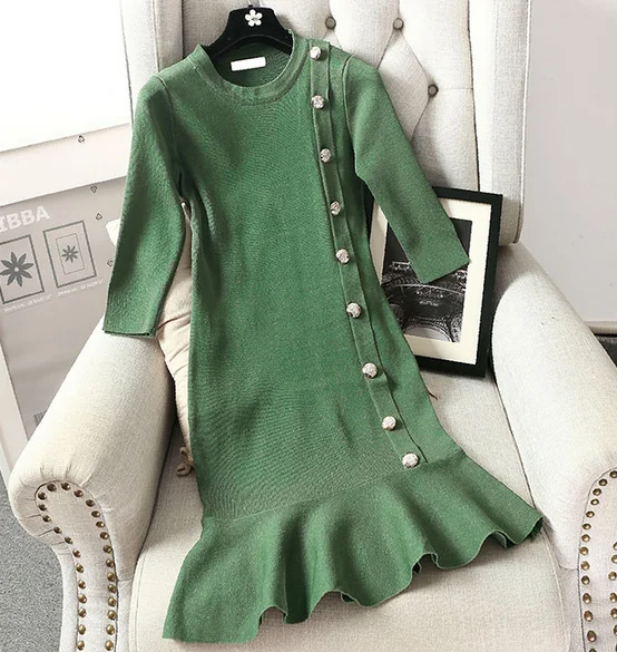

2017 Women Knit Solid Dress Three Quarter Sleeve Buttons Ruffled Woman Mini Dresses Ladies Female Knitted Costumes