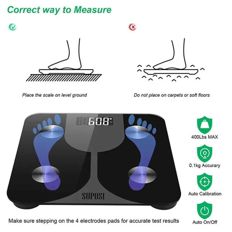 

Body Fat Scale Smart Wireless LED Digital Bathroom Weight Scale Balance Body BMI Composition Analyzer With App Bluetooth
