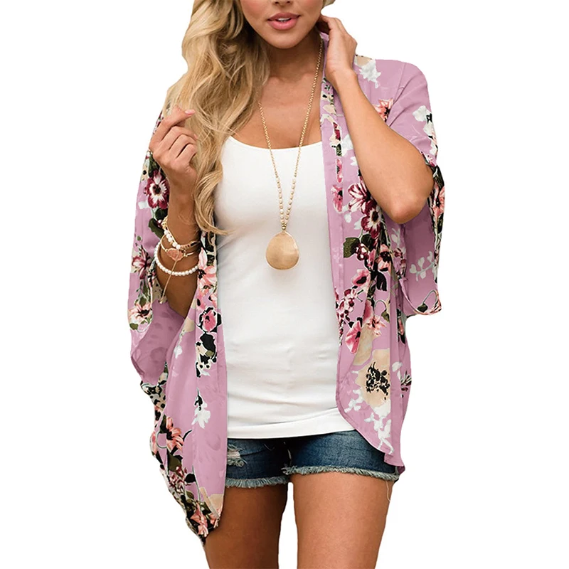 

Fashion Cardigans Women Loose Tops Pink Floral Print Summer Beach Thin Outwear Large Size Cardigan Female Open Stitch Shirt 3XL