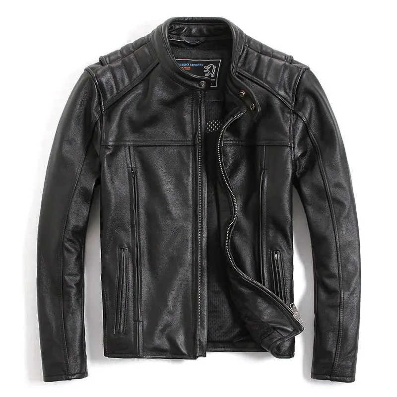 Мужская мотоциклетная куртка черная приталенная из коровьей кожи со стоячим