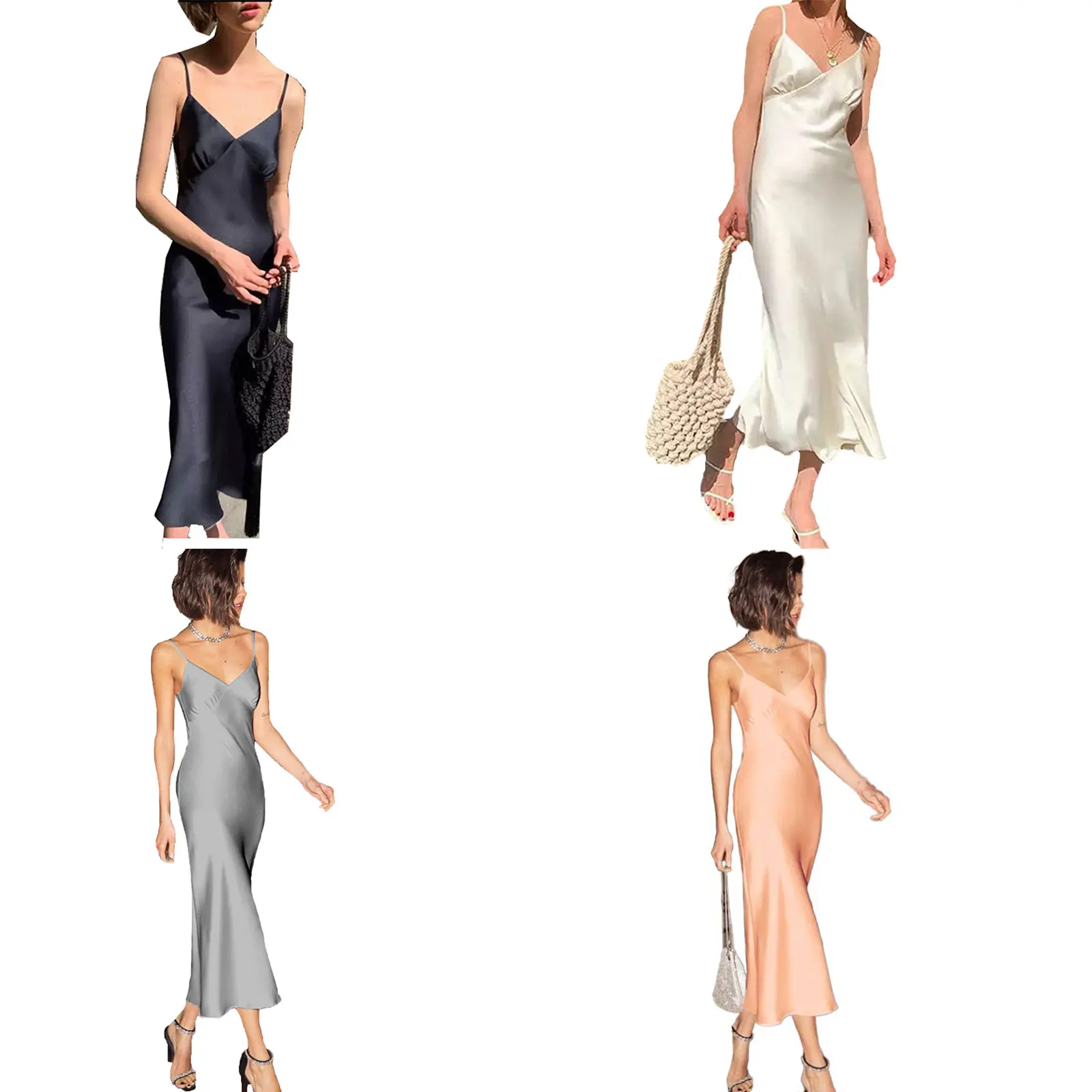 

2021 New Style Women Solid Color Long Sling Dress Sexy Sleeveless Backless Deep V-neck Sleepwear for Summer