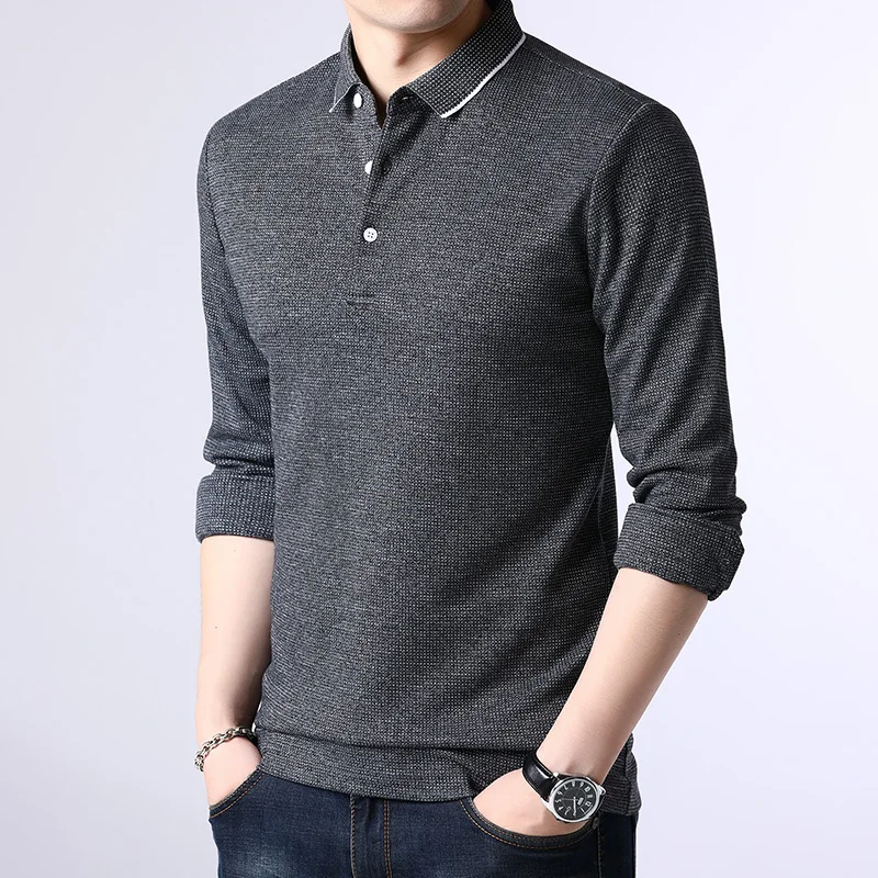 

lapel long-sleeved t shirt men business solid color tops tees 2021 new autumn and winter clothes W2126-1218