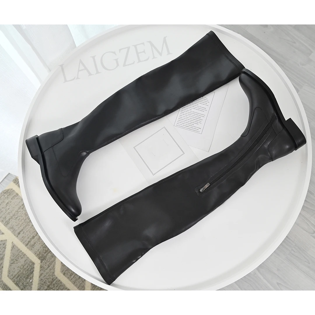 LAIGZEM/женские облегающие высокие сапоги из натуральной кожи и эластичной