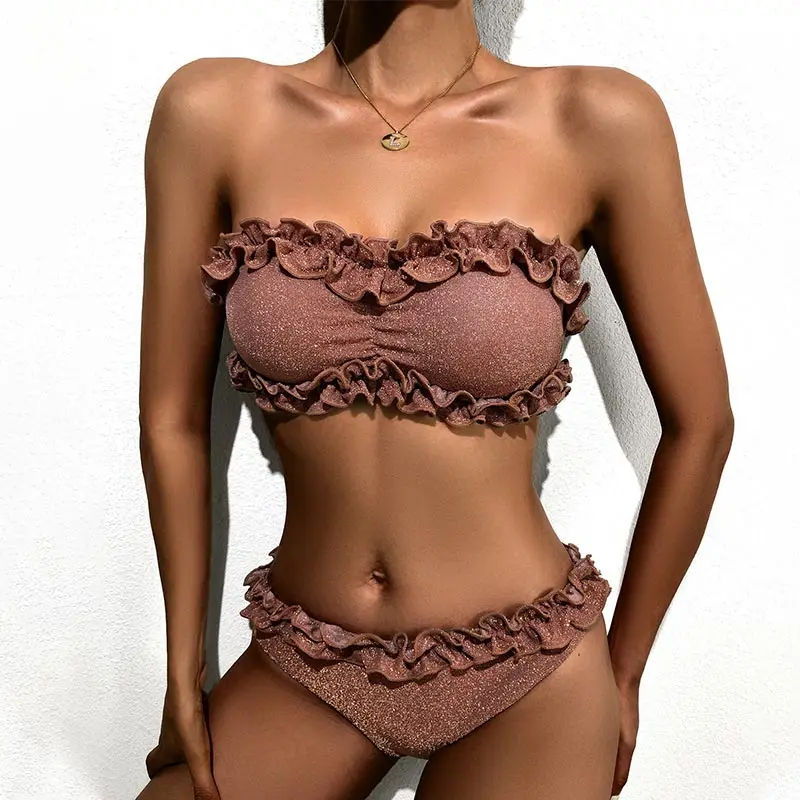 

Micendy Bandeau Bikini Women Swimwear Summer Ruffle Bathing Suit Sexy High Waist Biquini Shiny Swimsuit Female Beachwear Push Up