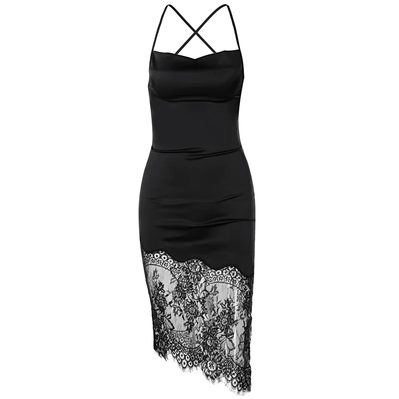 

Lace Bandage Midi Dresses Women 2021 Summer Satin Elegant Backless Bodycon Dress Balck Sexy Party Spaghetti Strap Dresses Women
