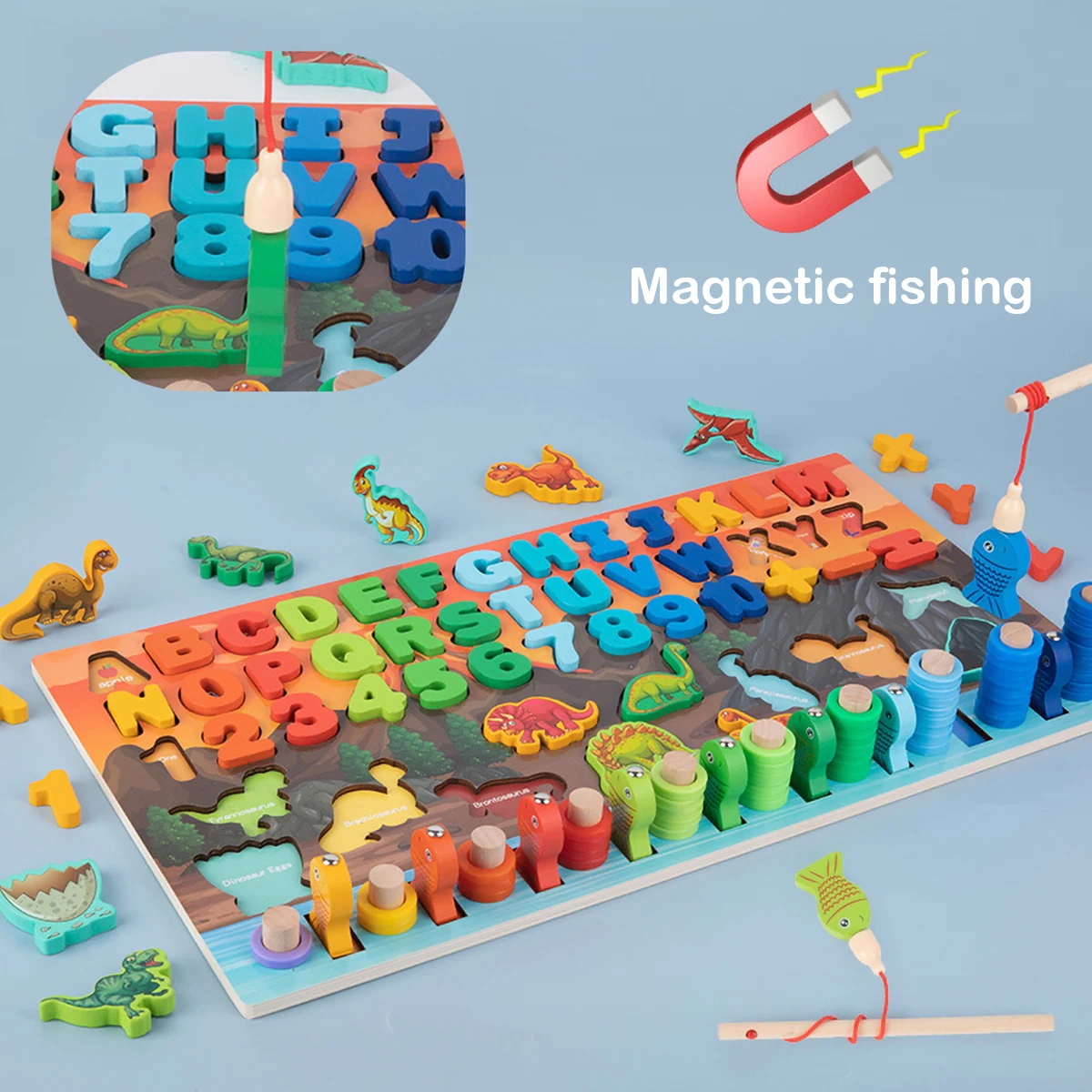 

Деревянная сортировочная игрушка Монтессори для детей возрастом 3 + динозавр логарифмическая доска головоломка для рыбалки подсчета уклад...