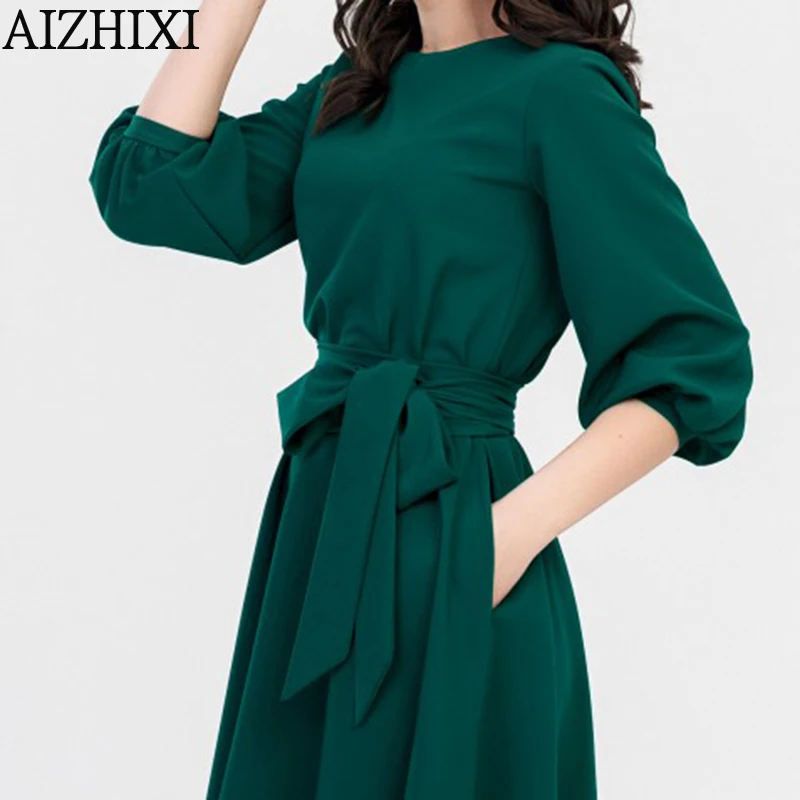 AIZHIXI винтажное однотонное платье трапециевидной формы с карманами и поясом