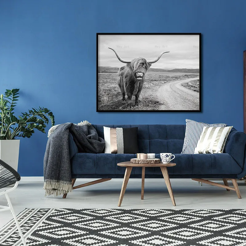 Картина на холсте современная картина искусство стену Highland Cow черный белый