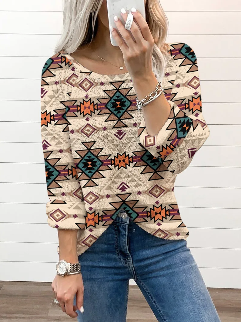 

2021 Independent Station Wish Hot Sale Autumn And Winter Ethnic Style Printed Casual Versatile Long Sleeves T-shirt For Women