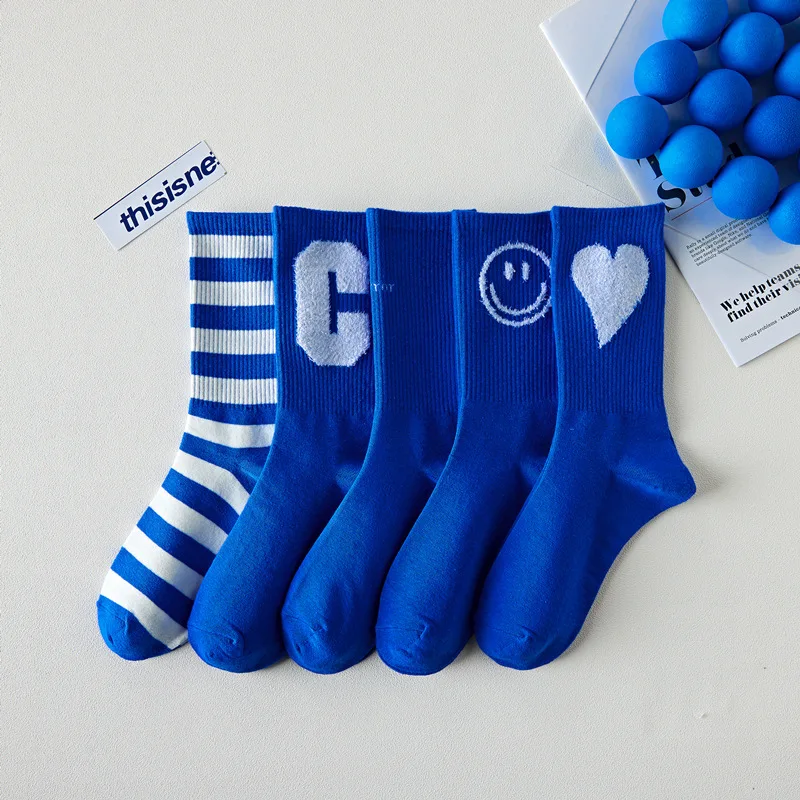Klein Blue Socks Fashion Letter Smiley Women's Cotton Knee High Socks Women Retro Style Casual  Street Sports Harajuku Socks