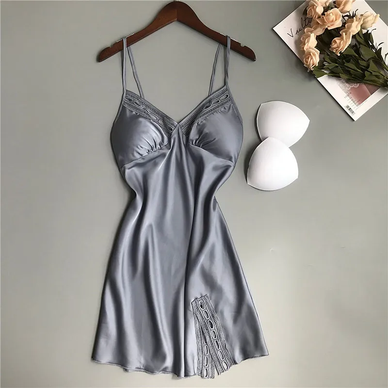 2019 летние женские ночные рубашки атласные шелковые пикантная Ночная сорочка на