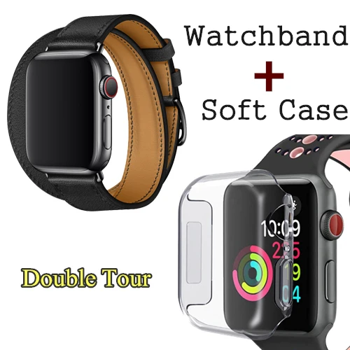 Herm логотип на застежке Свифт кожаный двойной один тур часы ремешок для Apple Watch серии 5 4 3 44 мм 40 мм браслет для iWatch - Цвет ремешка: Noir Double
