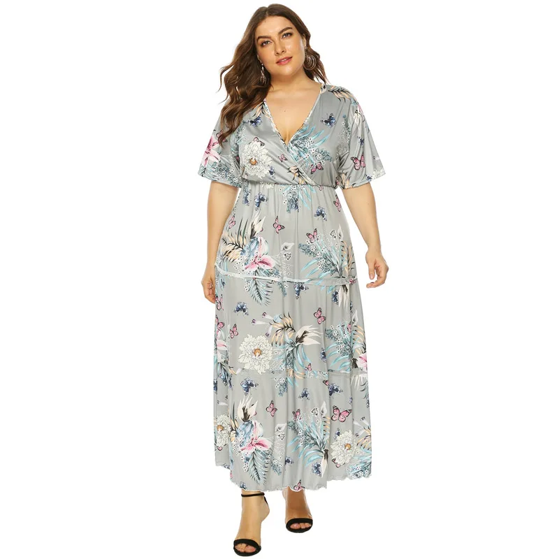 

Plus Casual Size Floral Printed Short Sleeve Maxi Dress 2020 Summer Sexy V-neck Elastic Waist Boho Beach Dresses Elegant Vestido