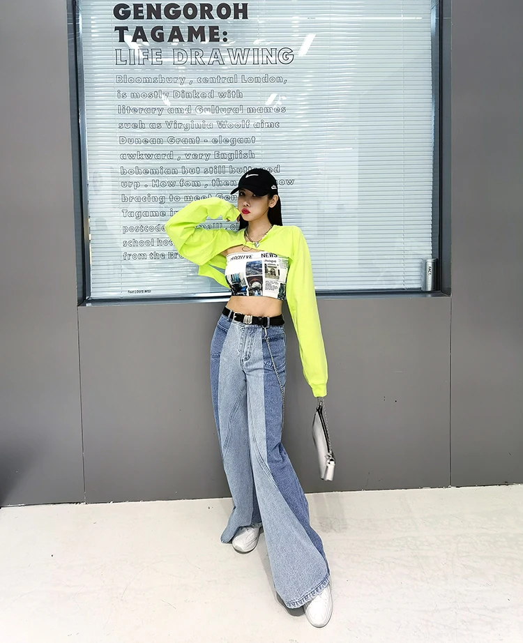 

Irregular Color Matching Wide Leg Jeans Women Loose Fashion High Waist Denim Pants Casual Long Trousers 2021 Summer New Clothing