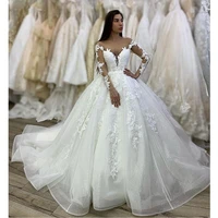 ball gown lace appliques wedding dress long sleeves v neck illusion back chapel train elegant wedding gowns plus size customize