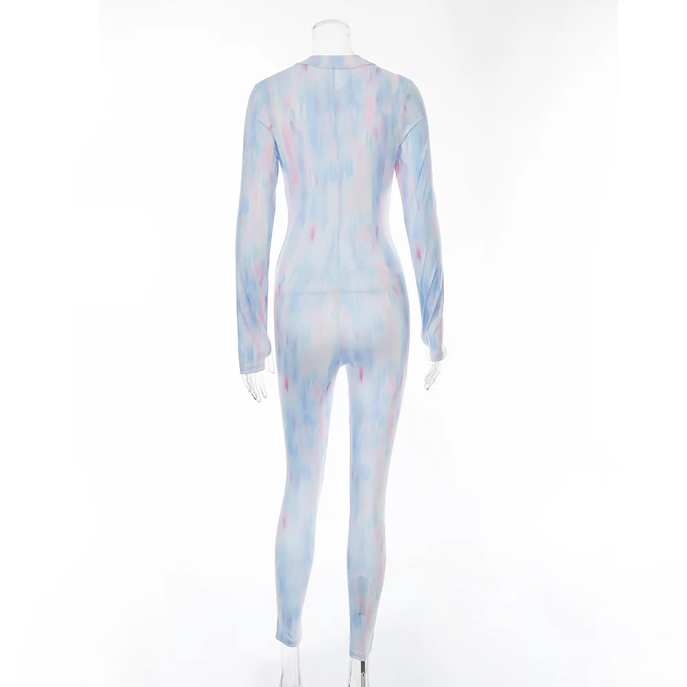 

New Style Tie Dyeing Long Sleeve Jumpsuit Women Summer 2020 Party One Piece Rompers Bodycon Front Zipper Skinny Fitness Jumpsuit