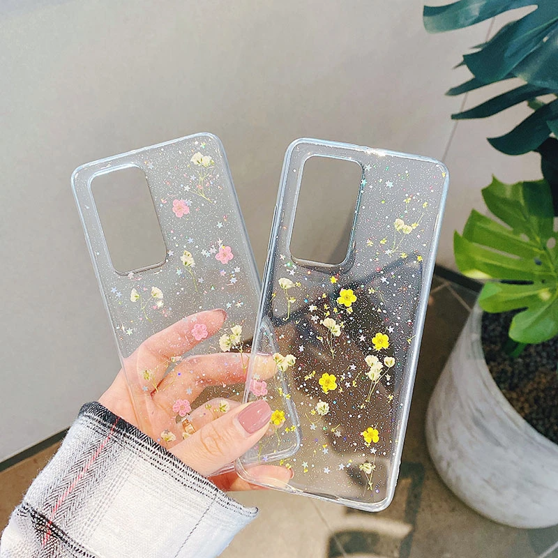 Прозрачный чехол с блестками Real Dry Flower для Samsung Galaxy S20 Ultra S10 Plus A10 A20 A30 A50 A70 A51 A71