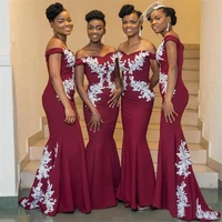 2020 burgundy long bridesmaid dress with white lace appliques elegant off the shoulder floor length african wedding party gowns