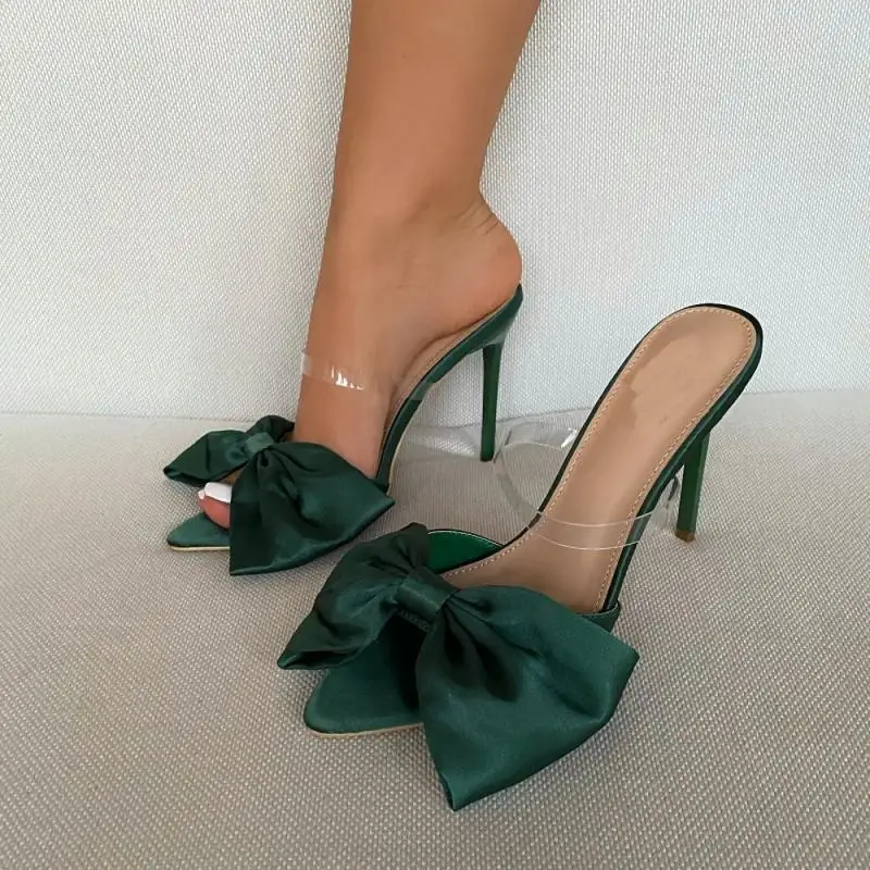 

Шлепанцы женские на высоком каблуке, шелковые сандалии с бантом-бабочкой, заостренный носок, шлепанцы на ремешках, сланцы для вечеринки, ser45
