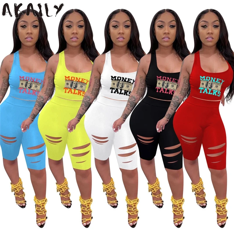 

Akaily Summer Black Letter Print 2 Two Piece Sets Women Tracksuit Matching Set Female Sleeveless Crop Top Hollow Out Shorts Sets