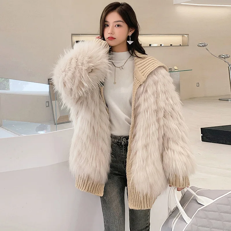 

Navy Collar Detachable White Raccoon Fur Bar OL Commuter Coat Women Wear on Both Sides Woven Real Fur Jacket Winter