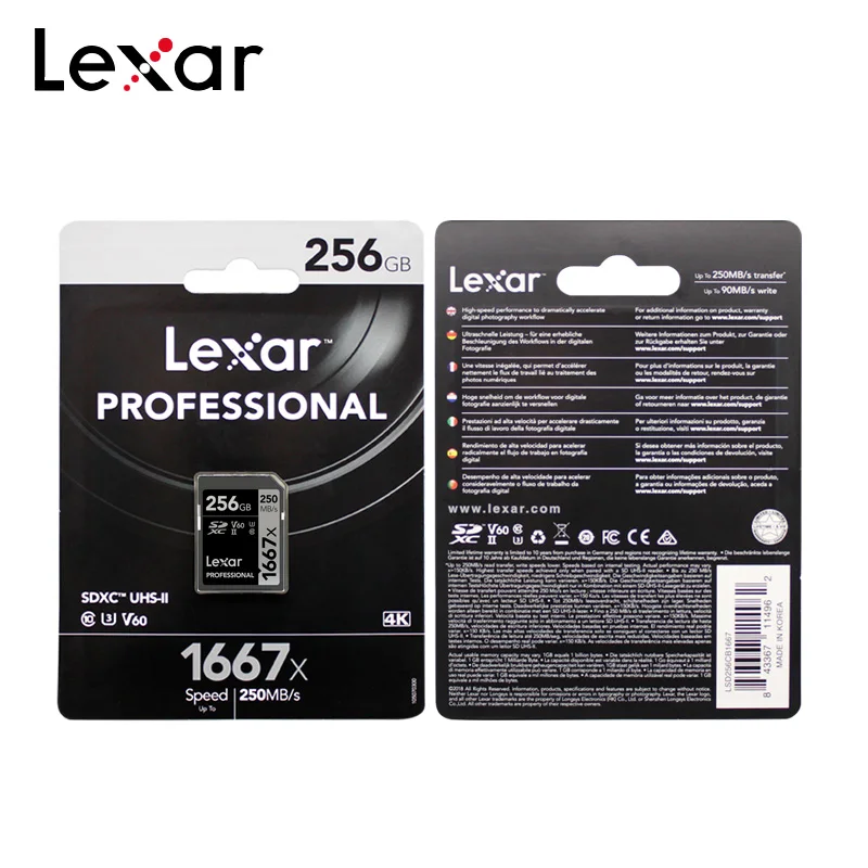

Original Lexar Memory Card 1667x V60 250MB/s Flash Card 64GB 128GB 256GB UHS-II U3 SD Card SDXC C10 For 3D 4K HD Video