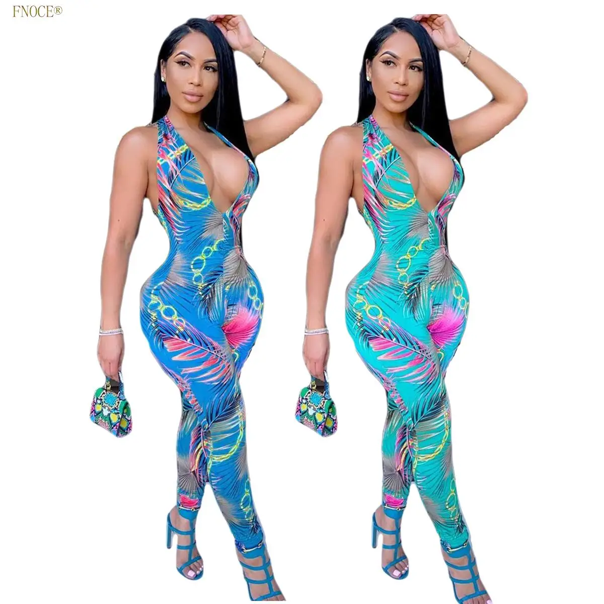 

FNOCE Summer New Style Women's fashion Casual Sexy Sling Tie-dye Printing Jumpsuit Two-color