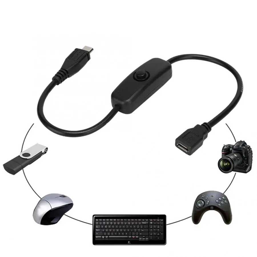 

27cm Micro USB Female to Male Extension Cable with 501 Button Switch for Raspberry Pi 5V 2.5A