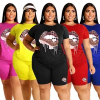 fnoce summer womens sets trackssuits fashion casual lips print o neck short sleeve tops tight shorts two piece set large size