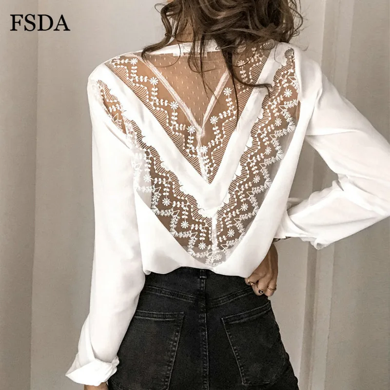 Женская кружевная блузка с открытой спиной и V образным вырезом|Блузки| |