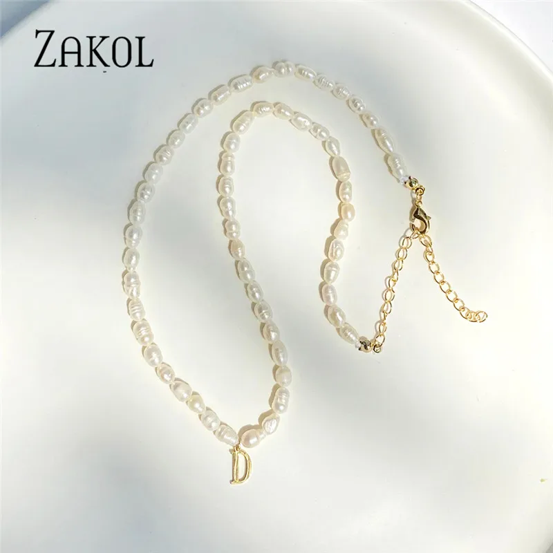 

ZAKOL Sweet Small 24 English Letter Irregular Natural Pearls Pendant Necklace for Women Girls Party Wedding Jewelry Gifts