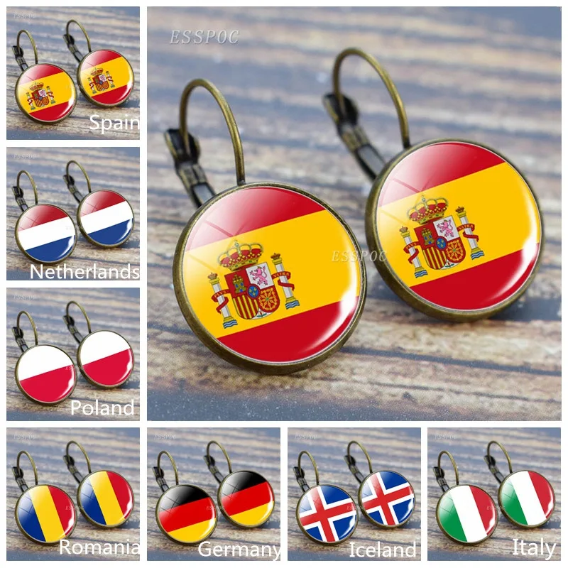 

Hook Earrings France Italy Spain Poland Ireland Europe National Flag Country Flag Earrings Glass Cabochon Hook Earring
