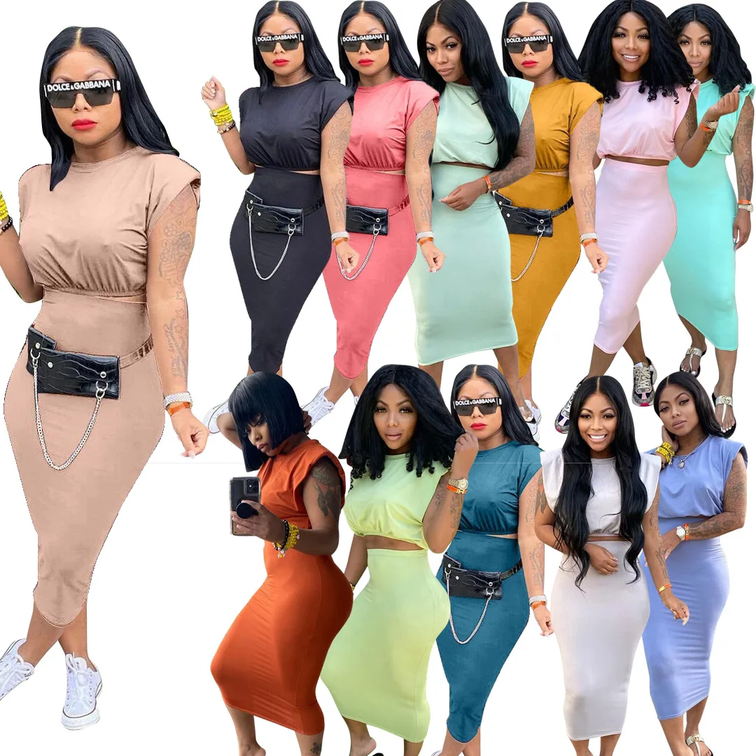 

Women Skirts Two 2 Piece Set Fashion Streetwear Crop Tops and Midi Skirt Matching Set Classic Outfits New 2021