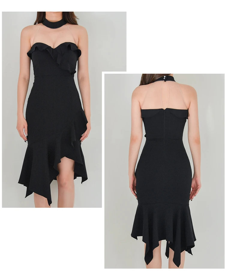 

2021 New Elegant Black Party Dress Sexy Gauze Strapless Halter Asymmetrical Ruffle Trumpet Mermaid Dress