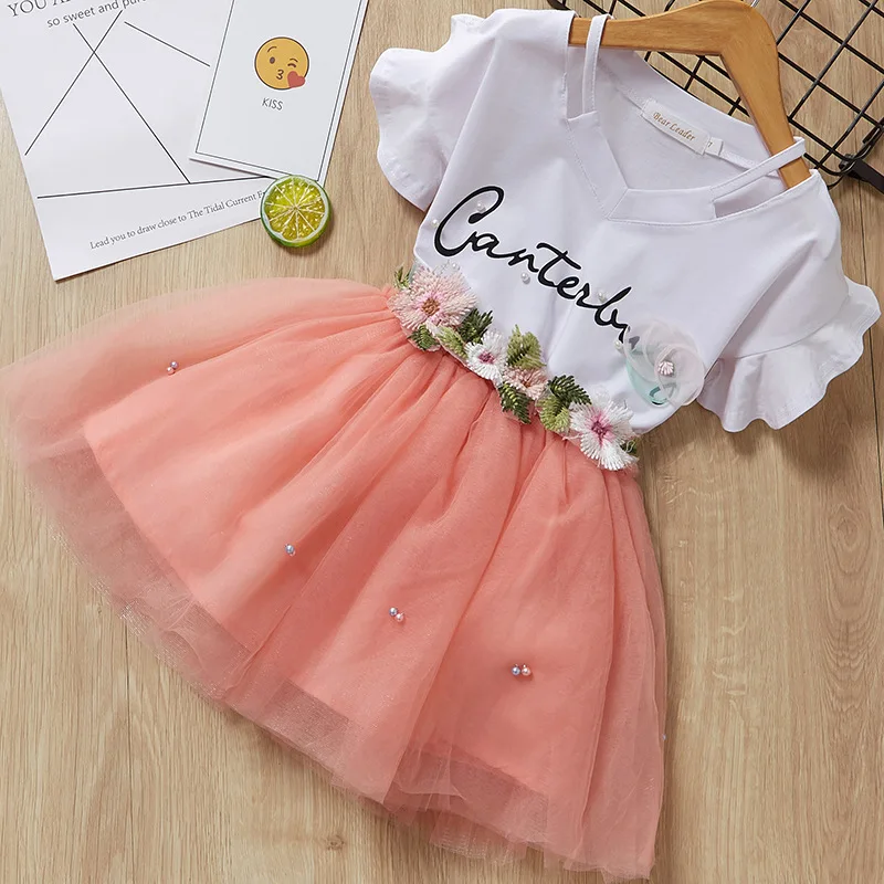 

Girls summer new bead letters printing sweet flying sleeves pure cotton T-shirt flower net yarn short skirt two-piece suit