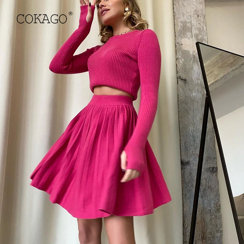 

Комплект из 2 предметов COKAGO, свитер, вязаные костюмы с юбкой, плиссированная мини-юбка и тонкий короткий пуловер с длинным рукавом, женские к...