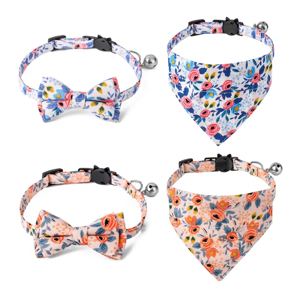 

Safe Breakaway Clasp Cat Collar Cute Bowknot Kitten Bowtie Soft Cotton Flower Pattern Puppy Collars Pets Necklace Bibs