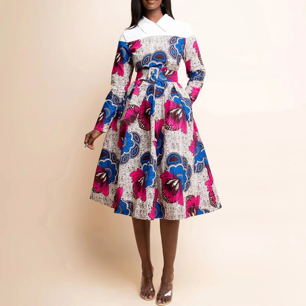 

Western Style Women Dress Spring Autumn New Fashion Temperament Oversize African Casual Simple High Waist Printing Long Sleeve