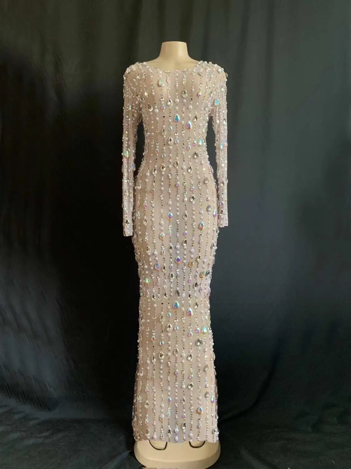New Fashion Colorful Rhinestones Pearls Long Dress Birthday Celebrate Stretch See Through Perspective Evening Sexy Dresses | Тематическая