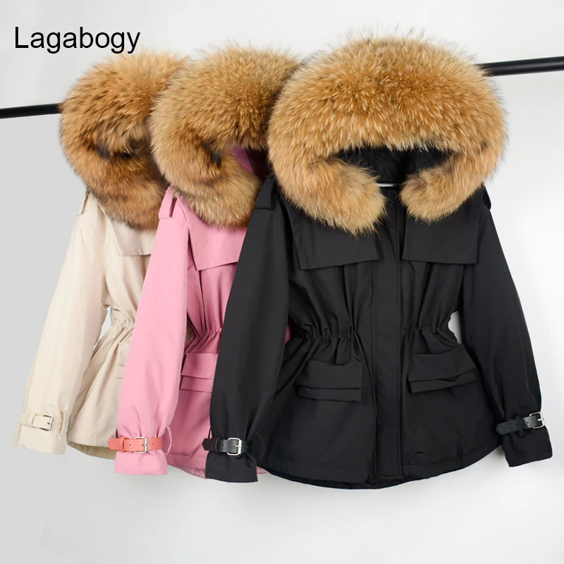 

Lagabogy 2021 Large Real Raccoon Fur White Duck Down Jacket Female Hooded Thick Women Winter Coat Waterproof Parkas Snow Outwear