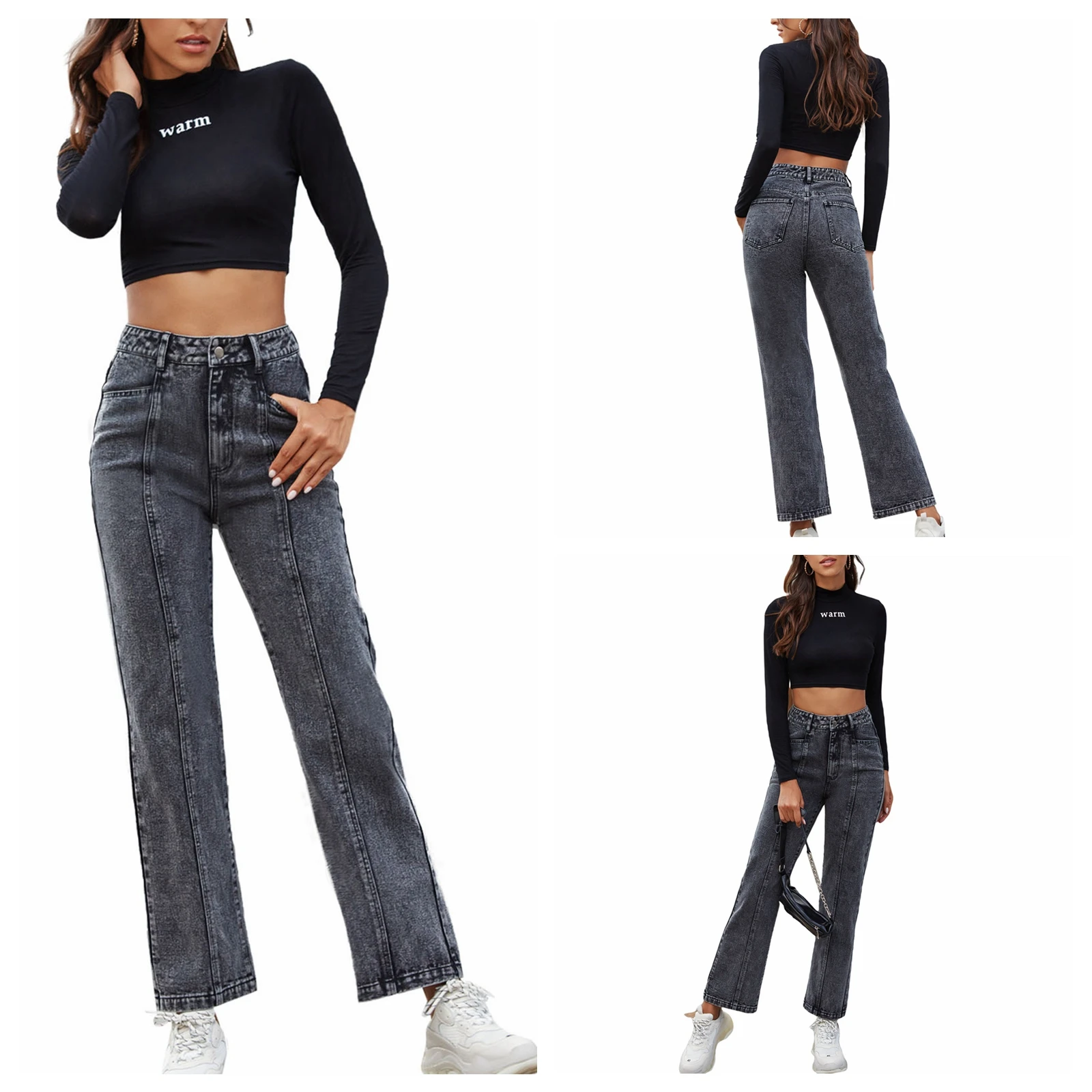 

Женские прямые джинсовые брюки, черные повседневные длинные брюки с завышенной талией и геометрическими линиями для всех сезонов, 2021