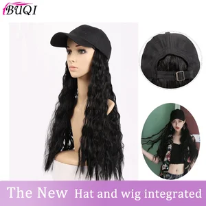 22-дюймовый длинный волнистый парик из синтетических волос со встроенной регулируемой шляпой черного цвета для женщин BUQI