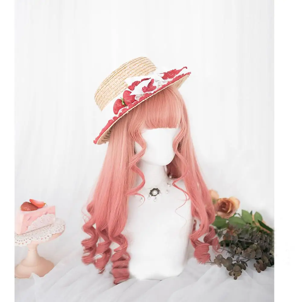 

CosplayMix 55CM Watermelon Red Ombre Long Curly Bangs Cute Halloween Party Synthetic Hair Women Cosplay Wig+Cap